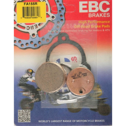 EBC Brakes motorcycle dirt sintered brake pad FA155R shown with metal backing and friction surface for off-road riding.