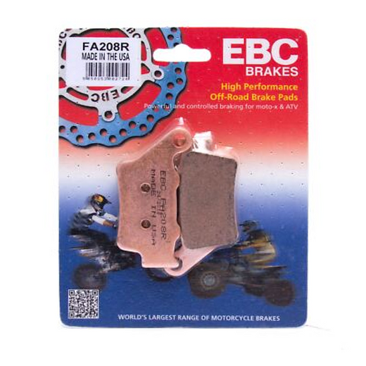 EBC Brakes dirt motorcycle sintered brake pad FA208R showing metallic surface and brake pad design.