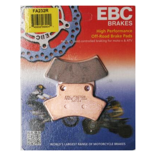 EBC Brakes dirt motorcycle sintered brake pad FA232R showing metal backing and friction surface for off-road riding.