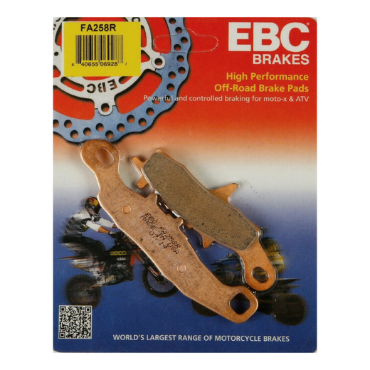 EBC Brakes motorcycle dirt sintered brake pad FA258R showing textured metal surface and friction material for off-road riding.