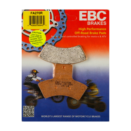 EBC Brakes motorcycle dirt sintered brake pad FA270R shown with metal backing and friction surface for off-road riding.