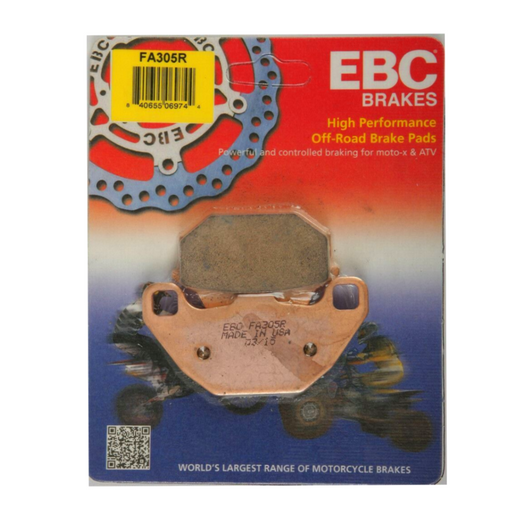 EBC Brakes dirt motorcycle sintered brake pad FA305R installed on a motorcycle's brake caliper.
