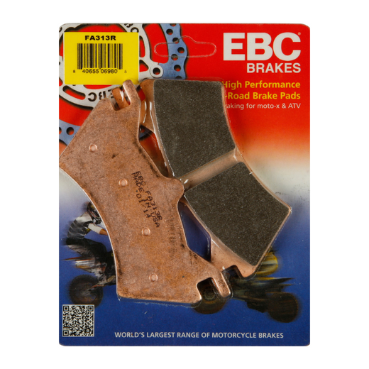 EBC Brakes motorcycle dirt sintered brake pad FA313R installed on a dirt bike brake caliper.