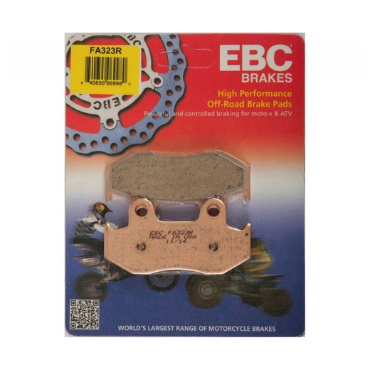 EBC Brakes Motorcycle Dirt Sintered Brake Pad FA323R showing the durable metal brake pad with branding details.