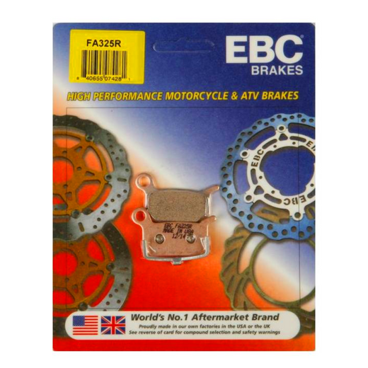 EBC Brakes motorcycle dirt sintered brake pad FA325R with metal backing and friction surface, designed for off-road motorcycle braking.