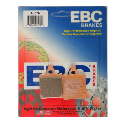 EBC Brakes Motorcycle Dirt Sintered Brake Pad FA337R with textured surface and metal backing plate, designed for off-road riding.