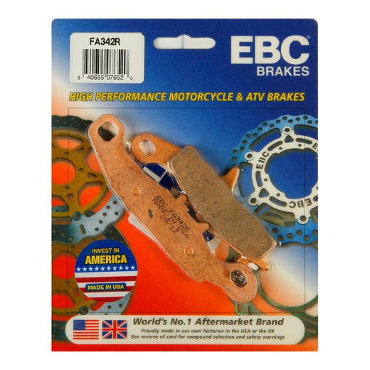 EBC Brakes motorcycle dirt bike sintered brake pad FA342R with metallic surface and mounting edges for enhanced stopping power.