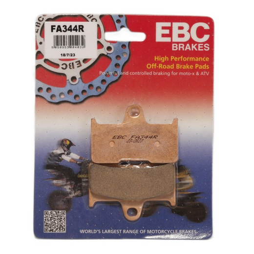 EBC Brakes motorcycle dirt bike sintered brake pad FA344R showing the dark, textured brake pad material for enhanced stopping power.