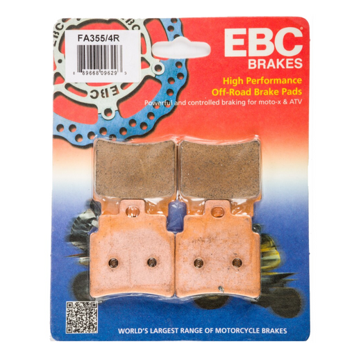 EBC Brakes motorcycle dirt sintered brake pad FA355/4R installed on a motorcycle wheel for off-road riding.