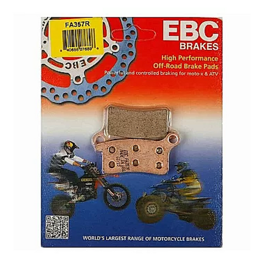 EBC Brakes motorcycle dirt sintered brake pad FA357R with metal backing and friction surface for off-road riding.