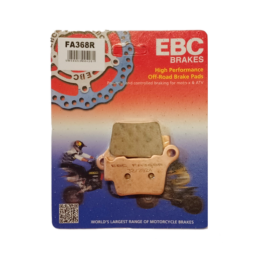 EBC Brakes Motorcycles Dirt Sintered Brake Pad FA368R showing the metallic brake pad with product markings and mounting holes.