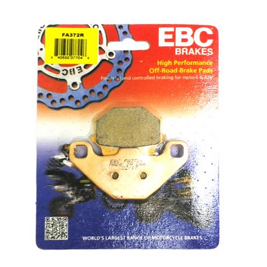 EBC Brakes motorcycle dirt bike sintered brake pad FA372R with metallic friction surface and mounting hardware.