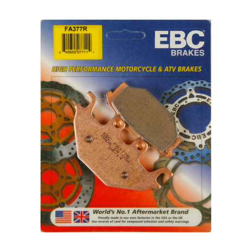 EBC Brakes Dirt Sintered Brake Pad FA377R for motorcycles, showing the durable brake pad with metal backing and friction surface.