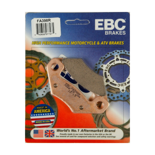 EBC Brakes motorcycle dirt sintered brake pad FA398R with metallic friction surface and mounting hardware for off-road riding.