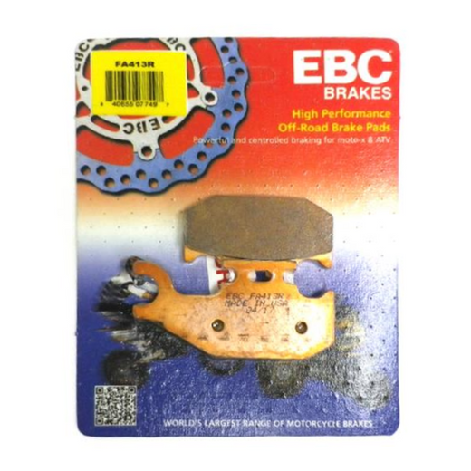 EBC Brakes Dirt Sintered Brake Pad FA413R for motorcycles, showing the rugged brake pad with metal backing and friction surface.