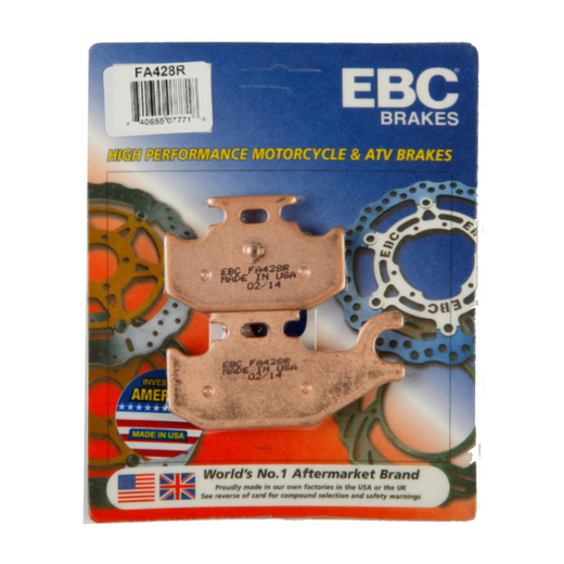 EBC Brakes Dirt Sintered Brake Pad FA428R for motorcycles, showing the durable, metallic brake pad with branding and mounting surface.