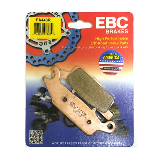 EBC Brakes dirt motorcycle sintered brake pad FA443R showing the durable, high-performance brake pad with metal backing plate.