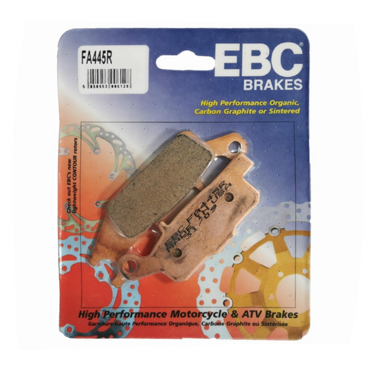 EBC Brakes motorcycle dirt sintered brake pad FA445R shown with detailed metal backing and friction surface for off-road riding.