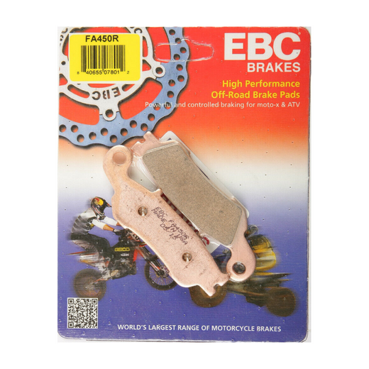 EBC Brakes motorcycle dirt sintered brake pad FA450R showing metal backing and brake friction surface for off-road riding.