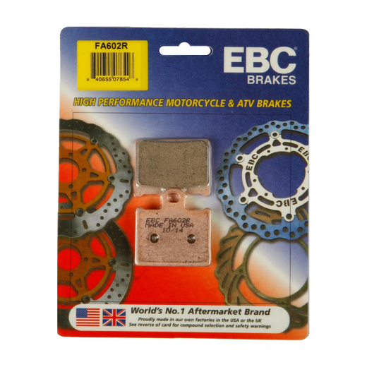 EBC Brakes Motorcycle Dirt Sintered Brake Pad FA602R with metal backing and textured friction surface, designed for off-road riding.