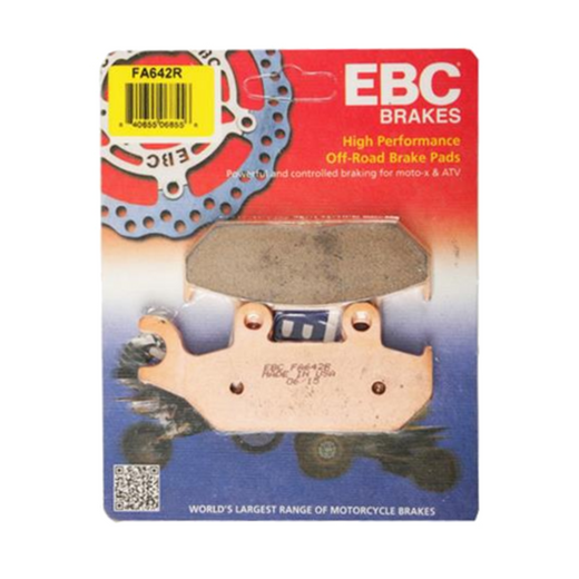 EBC Brakes motorcycle dirt sintered brake pad FA642R with metal backing and friction surface for off-road riding.