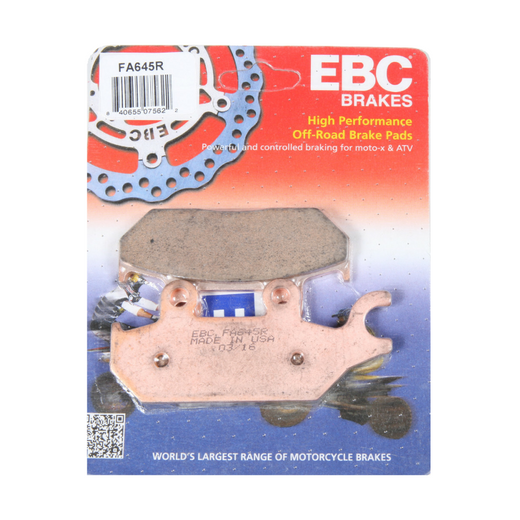EBC Brakes motorcycle dirt sintered brake pad FA645R with metal backing plate and friction surface for off-road riding.