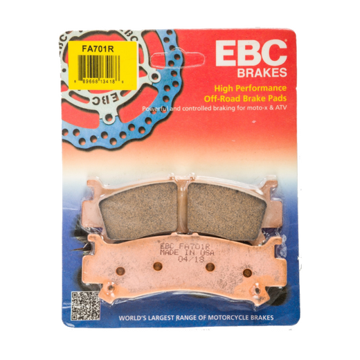 EBC Brakes motorcycle dirt sintered brake pad FA701R with metal backing plate and friction surface for off-road riding.