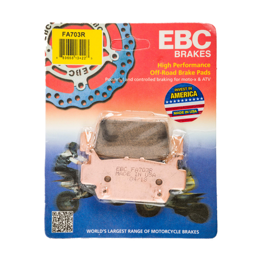 EBC Brakes motorcycle dirt sintered brake pad FA703R with black backing plate and metal friction surface for off-road riding.