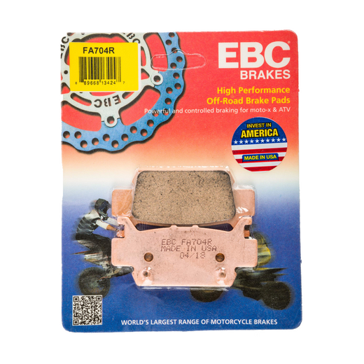EBC Brakes dirt motorcycle sintered brake pad FA704R with metal backing plate and brake lining for off-road riding.