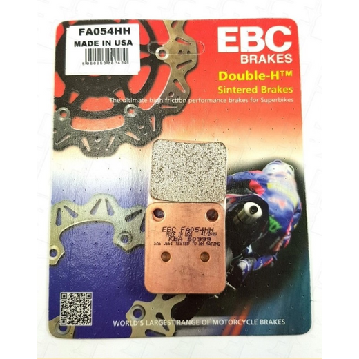 EBC Brakes HH Sintered Motorcycle Brake Pad FA054HH with metallic friction surface and mounting clip visible.