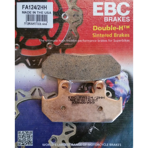 EBC Brakes HH Sintered Motorcycle Brake Pad FA124/2HH showing metallic surface and brake pad design for high-performance stopping.