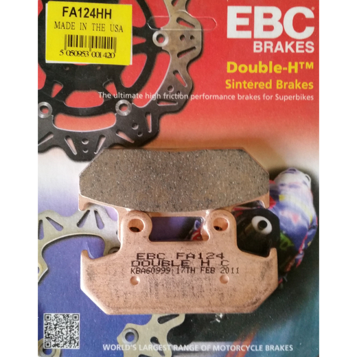 EBC Brakes Motorcycle HH Sintered Brake Pad FA124HH showing the metal backing and friction surface for high-performance braking.