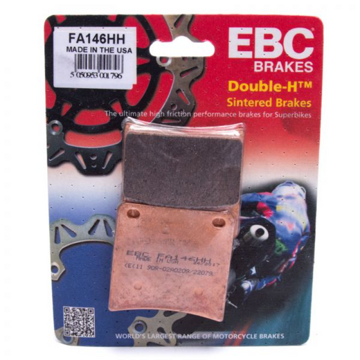 EBC Brakes Motorcycle HH Sintered Brake Pad FA146HH showing metal backing and friction surface for high-performance braking.