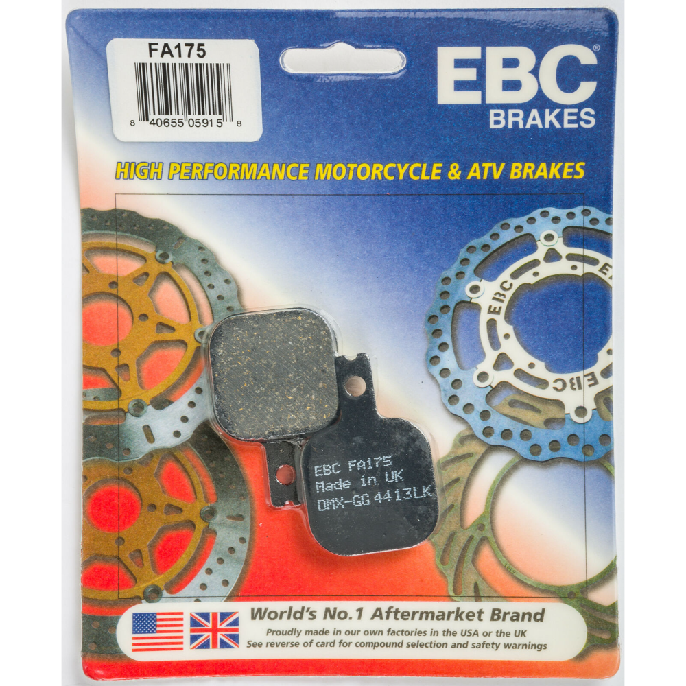 EBC Brakes HH Sintered Motorcycle Brake Pad FA175HH showing the metallic surface and brake pad design.