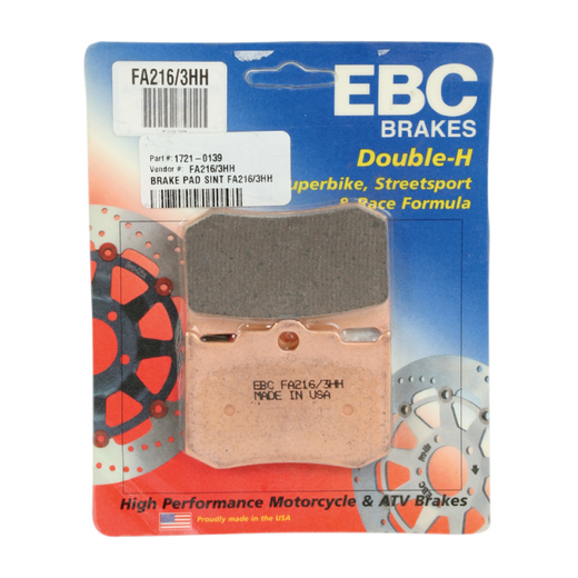 EBC Brakes HH Sintered Motorcycle Brake Pads FA216/3HH with metal backing plates, shown in a close-up view.