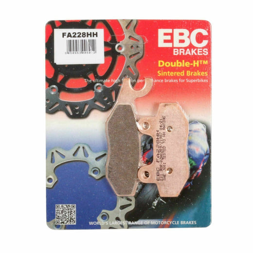 EBC Brakes HH Sintered Motorcycle Brake Pad FA228HH showing black metal pad with friction surface and mounting holes