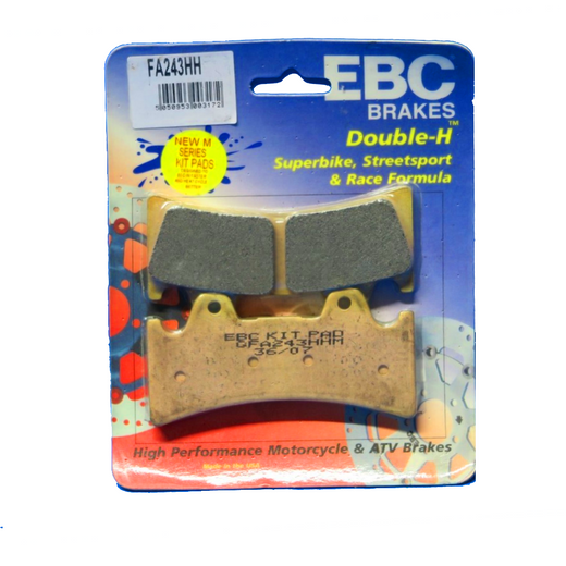 EBC Brakes HH Sintered Motorcycle Brake Pad FA243HH showing the black metal friction surface and mounting hardware.