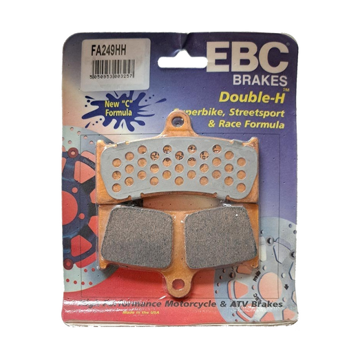 EBC Brakes HH Sintered Brake Pad for motorcycles, FA249HH model, showing the metallic brake pad with branding details