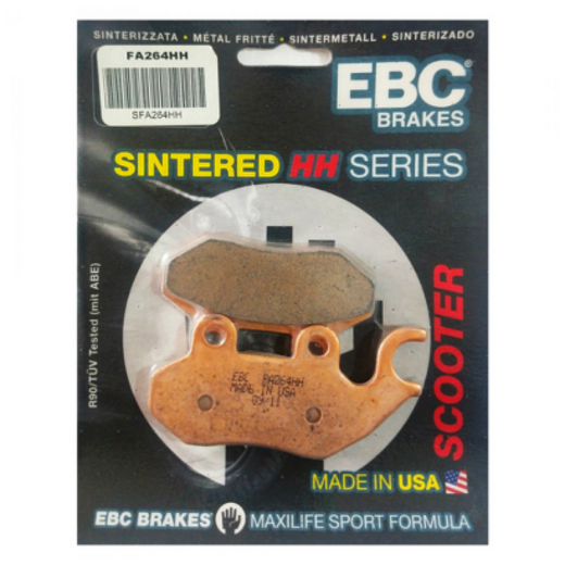 EBC Brakes HH Sintered Motorcycle Brake Pad FA264HH showing the dark, textured sintered brake pad with mounting holes and branding
