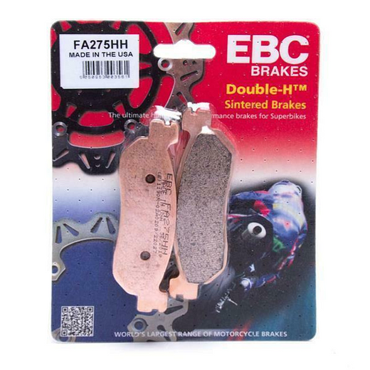 EBC Brakes HH Sintered Motorcycle Brake Pad FA275HH showing the black sintered pad with metal backing plate and mounting holes.