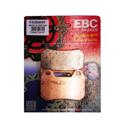EBC Brakes Motorcycle HH Sintered Brake Pad FA304HH showing dark metal brake pad with serrated edges for high-performance braking.