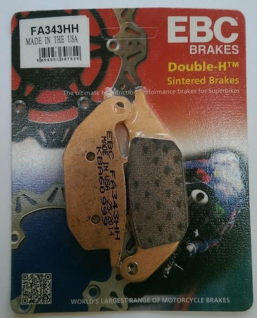 EBC Brakes HH Sintered Motorcycle Brake Pad FA343HH with metal backing plate and friction material for enhanced stopping power.