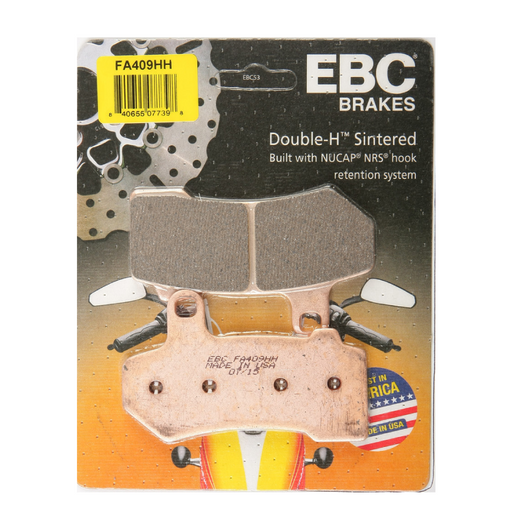 EBC Brakes HH Sintered Motorcycle Brake Pad FA409HH showing the black, metal brake pad with branding and friction surface.