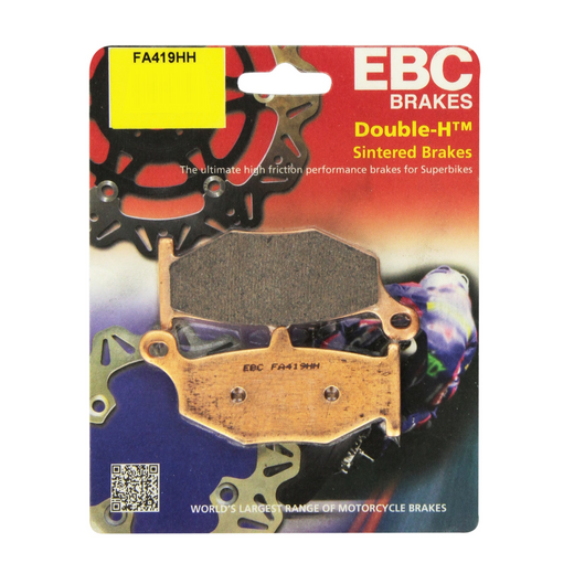 EBC Brakes motorcycle HH Sintered Brake Pad FA419HH shown with metal backing and friction surface for high-performance stopping power.