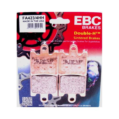 EBC Brakes motorcycle HH sintered brake pad FA423/4HH shown with metal backing and friction surface for high-performance stopping.