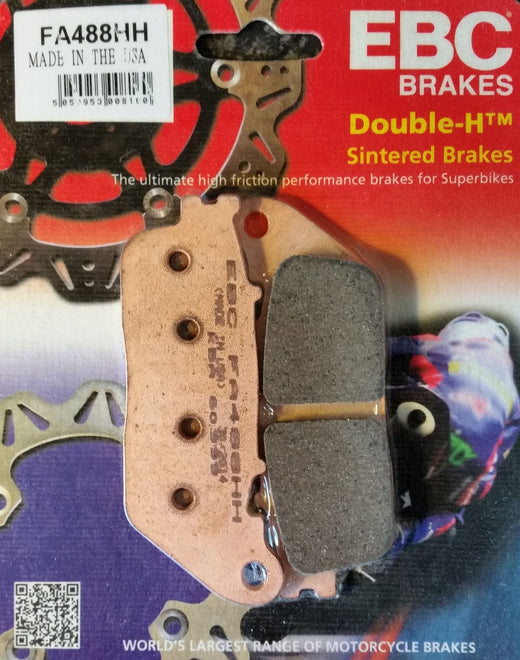 EBC Brakes HH Sintered Motorcycle Brake Pad FA488HH shown with metal backing and friction surface for high-performance stopping power.