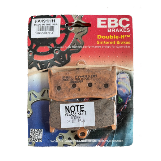 EBC Brakes HH Sintered Motorcycle Brake Pad FA491HH showing the metal backing and friction surface for high-performance stopping power.
