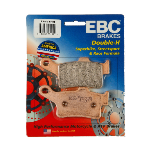 EBC Brakes HH Sintered Motorcycle Brake Pad FA631HH showing the black, metal-backed brake pad with EBC branding.
