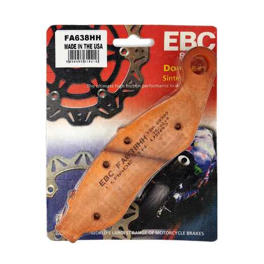EBC Brakes HH Sintered Motorcycle Brake Pad FA638HH with metal backing and friction surface for enhanced stopping power.