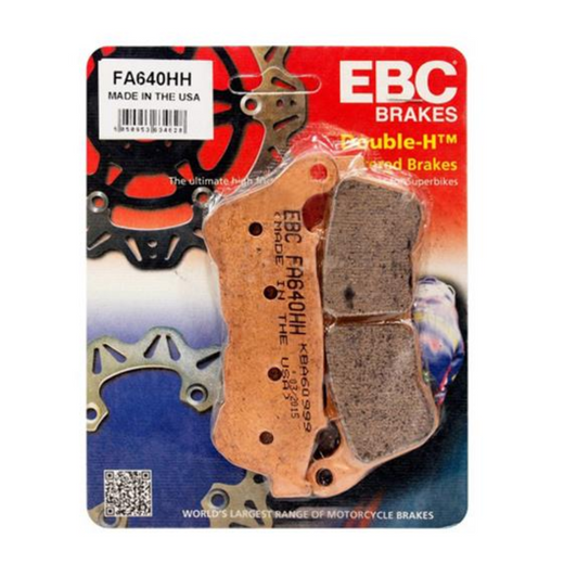 EBC Brakes Motorcycle HH Sintered Brake Pad FA640HH showing the high-performance brake pad with metal sintered surface and mounting hardware